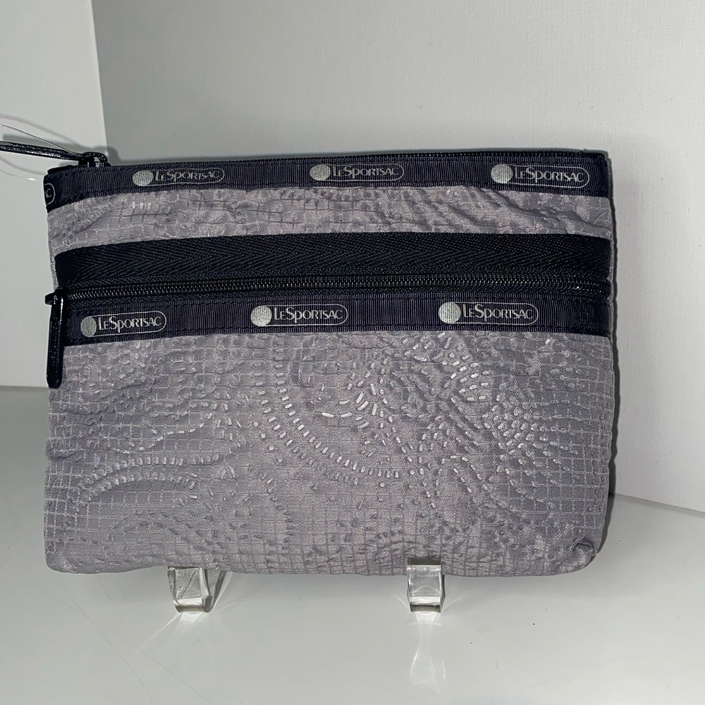 LeSportSac 2 Zipper Pouch Makeup Bag Puffy Blossoms dove gray & black Rare NWOT